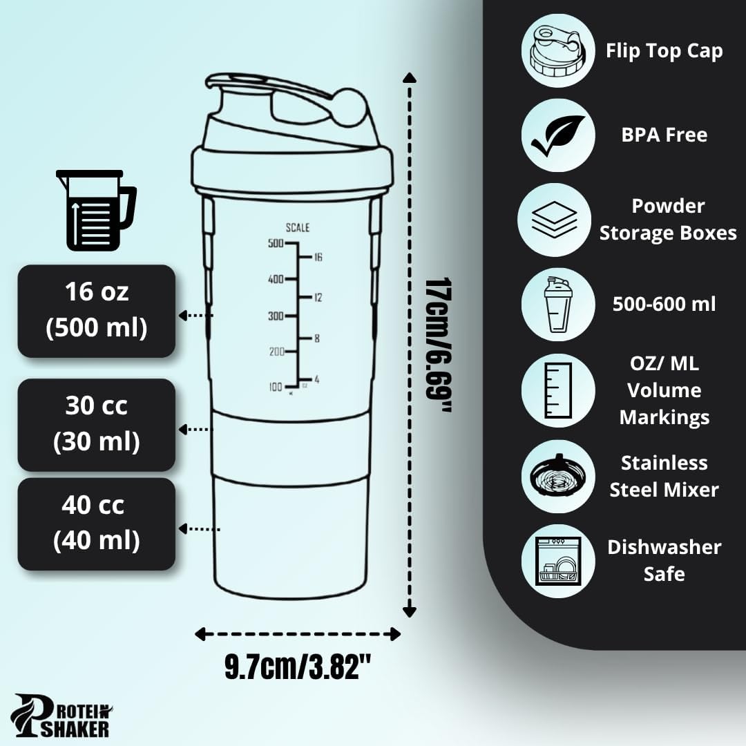 PS-01 Protein Shaker Cup with Storage, 16 Ounces Blender Bottle for Protein Mixes