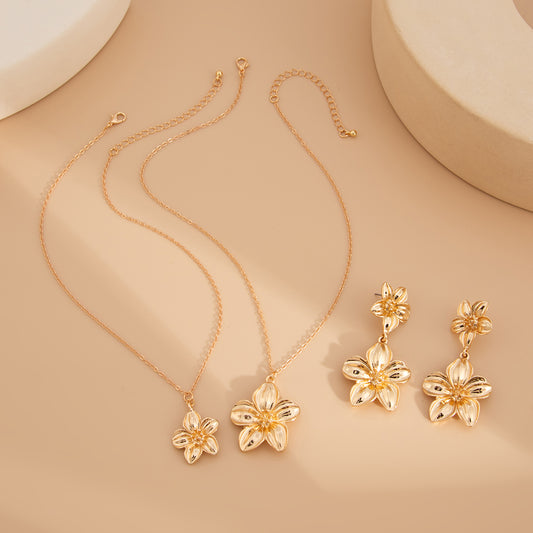 Charms Stripe Stackable Flower Necklace Earrings Set for Women Trendy Lady Party Stud Earrings Fashion Jewelry Accessories Gifts