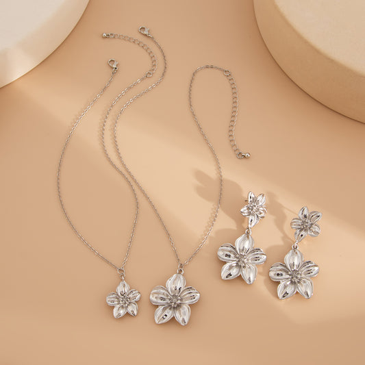 Charms Stripe Stackable Flower Necklace Earrings Set for Women Trendy Lady Party Stud Earrings Fashion Jewelry Accessories Gifts