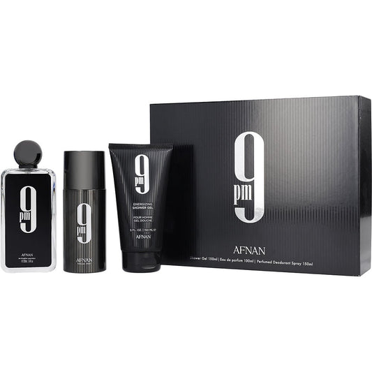 AFNAN 9PM MEN 4PC SET 3.4 EDP SPRAY / 3.4 S.GEL / 3.4 BL / 5.0 BODY MIST