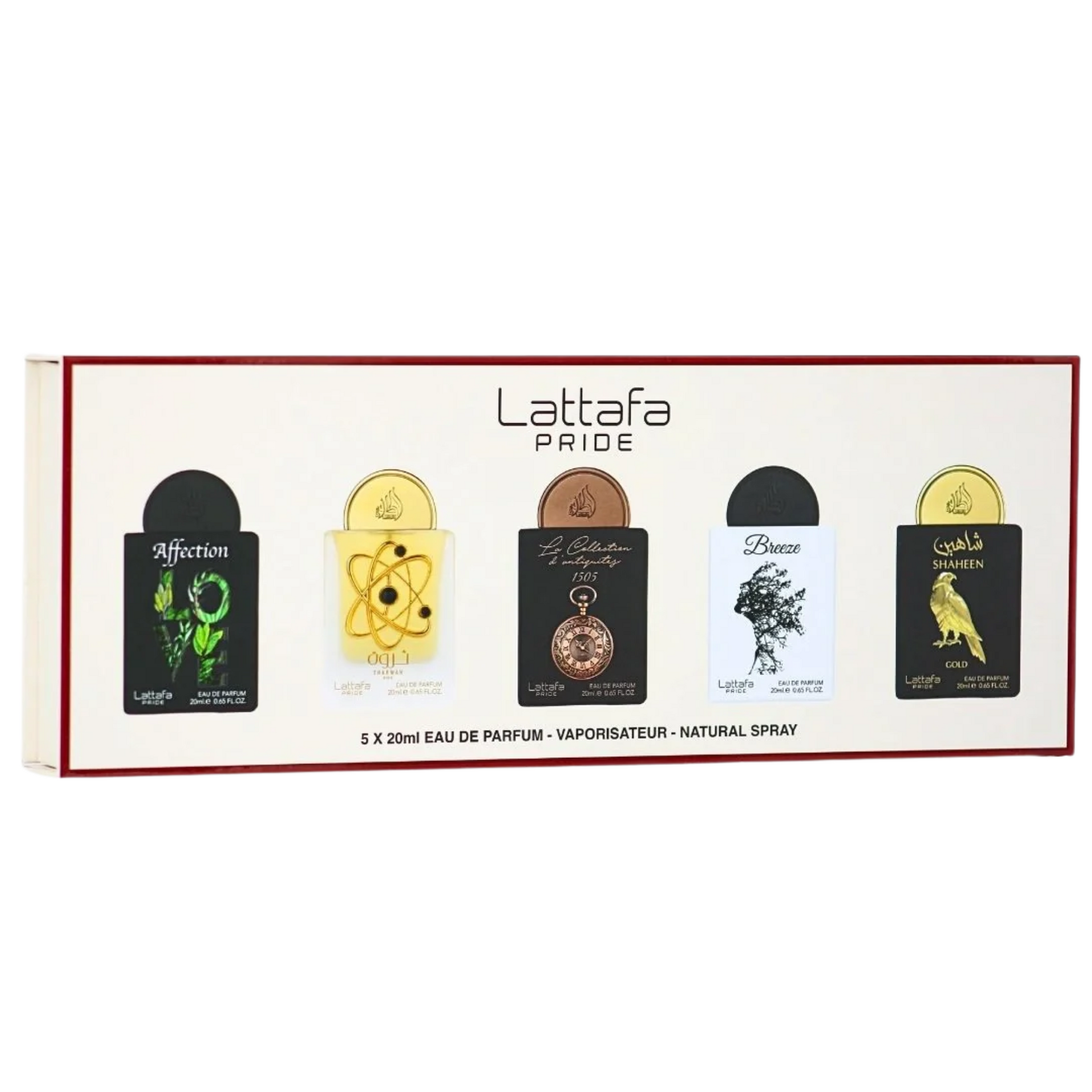 LATTAFA PRIDE 5X20ML GIFTSET AFFECTION-THARWAH GOLD-WATCH 1505-BREEZE-SHAHEEN GOLD