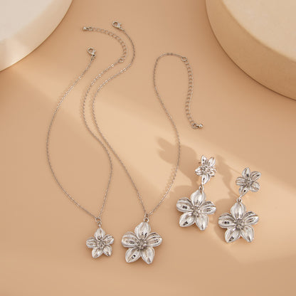 Charms Stripe Stackable Flower Necklace Earrings Set for Women Trendy Lady Party Stud Earrings Fashion Jewelry Accessories Gifts